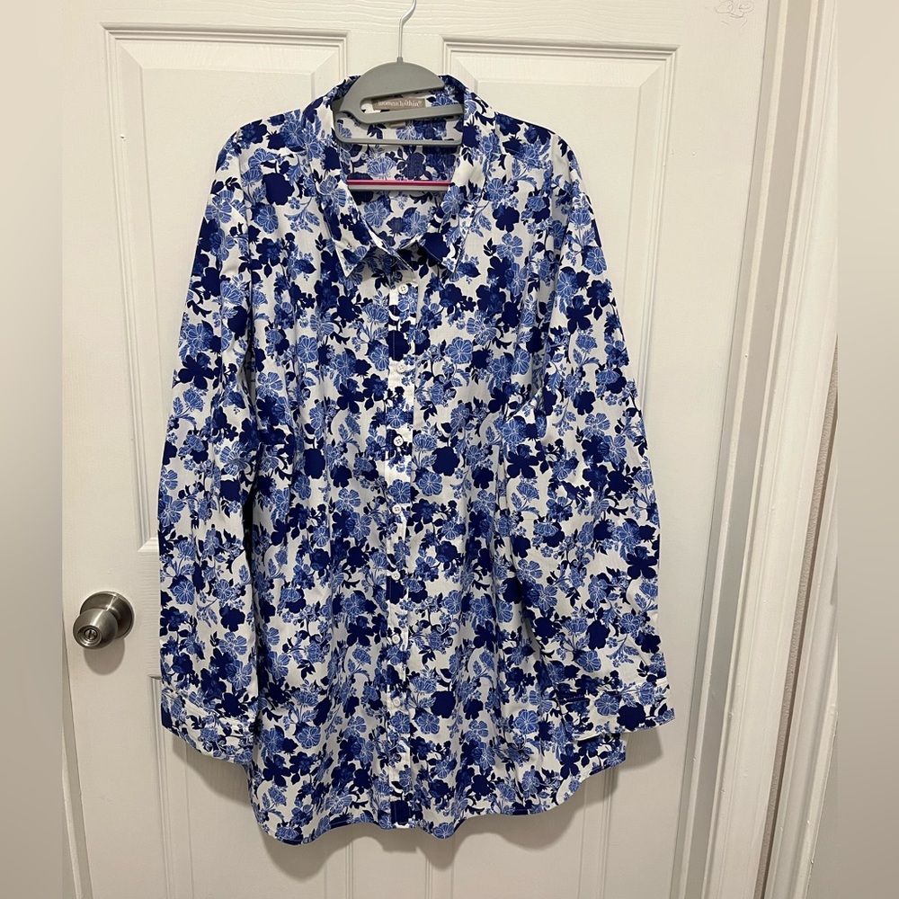 NWOT Woman Within Perfect Long Sleeve Shirt  Plus - 3X, Ultra Blue Shadow Floral - Picture 2 of 11